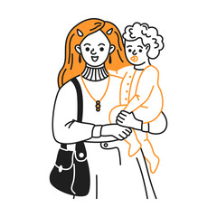 Doodle illustration of a mother holding her child. Orange and black colors add vibrancy. Perfect for parenting themes and maternal love concepts.