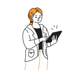 Doodle illustration of a person engaging with a digital tablet. The character displays a thoughtful expression, interacting in a simple style, with a plain background.