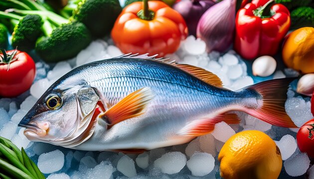 fresh fish on ice with colorful vegetables in background showing natural texture and detail