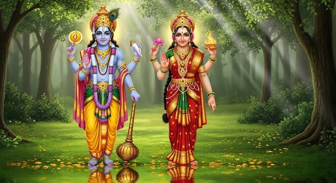 Explore hindu god vishnu and goddess lakshmi in a serene forest digital painting art