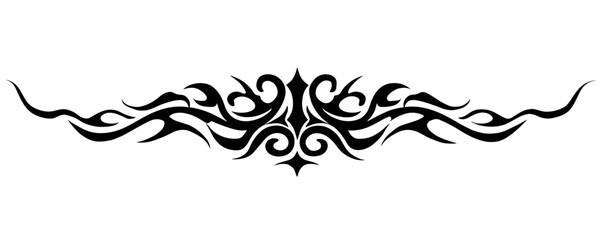 A symmetrical black tribal tattoo design with intricate curved lines and shapes extends outward from a central focal poi