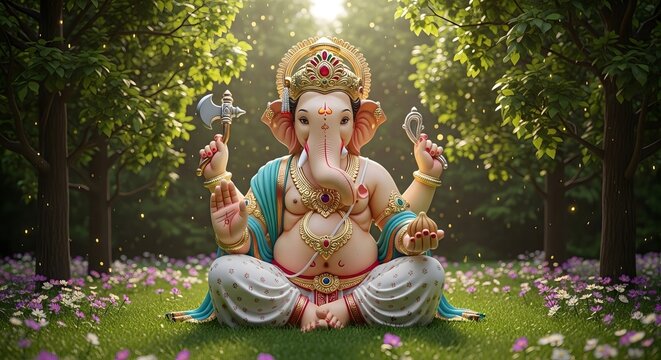 Ganesha hindu god meditation in nature spiritual deity indian religion art wallpaper