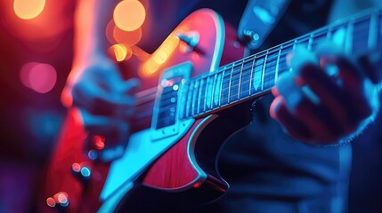 Electric guitars close-up with detailed strings and frets, stage lights shining, rock music energy captured, instrument craftsmanship and vibrant performance vibe in high definition imagery