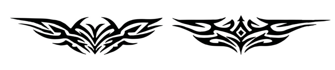 Obraz premium Symmetrical tribal tattoo design with sharp angular lines and leaf-like forms radiating outward,