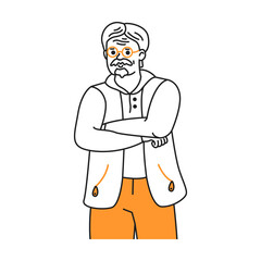 Doodle illustration. Line drawing of a senior man with glasses. He looks thoughtful and relaxed. Wearing orange pants and a vest, arms crossed. Simple background enhances focus.