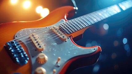 Electric guitars close-up with detailed strings and frets, stage lights shining, rock music energy captured, instrument craftsmanship and vibrant performance vibe in high definition imagery