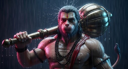 Hanuman hindu god wallpaper hd image of bajrangbali with gada in rain background art