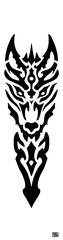 A black and white tattoo design featuring a stylized geometric animal face, possibly a wolf or tiger,