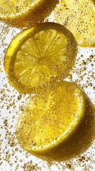Bright lime slices and citrus fruit floating in bubbly clear liquid, refreshing carbonated drink concept