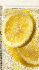 Bright lime slices and citrus fruit floating in bubbly clear liquid, refreshing carbonated drink concept