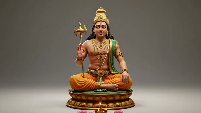 Statue of Hindu deity Lord Vishnu Sitting Cross-Legged on a Decorative Platform with Lotus Flowers