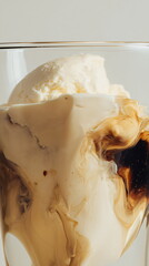 Affogato coffee with melting vanilla ice cream in a glass. Delicious Italian dessert or beverage for cafe menu design.