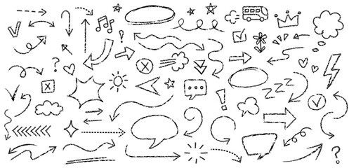 Hand drawn chalk doodle line elements. Arrows, highlighters, speech bubble, round, stars, emphasis, hearts and more shapes. School board, children's doodles and scribble. Vector illustration.