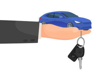 Vector cartoon image of buying and acquiring a car. Concept of transferring transport. Profitable deal. Transferring car keys. Element for your design.