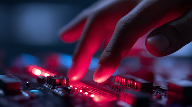 Close-up of hand adjusting controls on electronic audio mixer with red LED lights.

