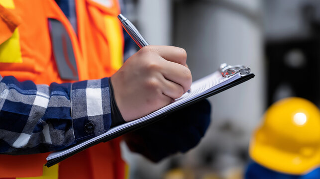 Close-up of worker in safety vest writing on clipboard during industrial inspection.
