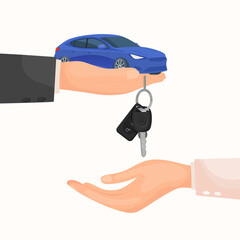 Vector cartoon image of buying and acquiring a car. Concept of transferring transport. Profitable deal. Transferring car keys. Element for your design.