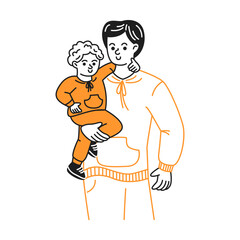 Doodle illustration. Minimalist line drawing of a smiling parent holding a child wearing orange. Family bonding and warmth shown in simple lines on a white background.