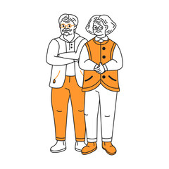 Doodle illustration of two elderly people standing together. They are depicted in a simple line art style with orange highlights, exuding a sense of warmth and companionship.