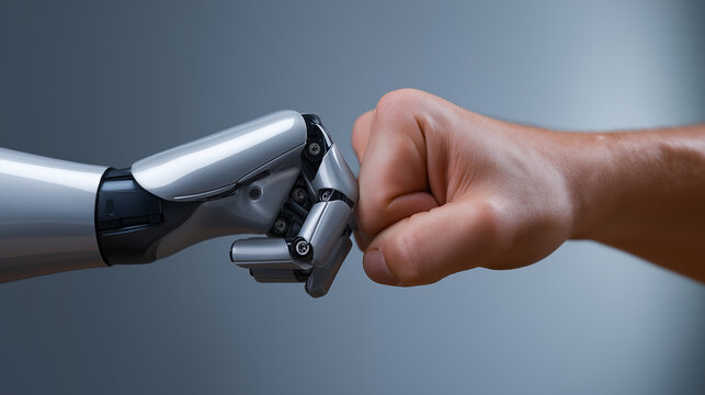 Human and robotic hands doing a fist bump symbolizing human-AI collaboration.
