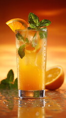 Refreshing orange juice cocktail with ice, mint, and an orange slice. Summer drink for cool refreshment.