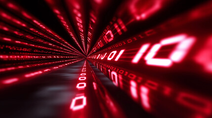 Abstract red digital tunnel filled with glowing binary numbers and data streams.
