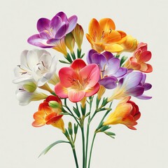Fototapeta premium Bouquet of Freesia: A vibrant bouquet of multi-colored freesia flowers in full bloom, showcasing their delicate petals and captivating hues.