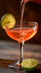 Refreshing pink cocktail with lime slice and ice, liquid pouring into glass. Drink for summer party. Refreshment concept.