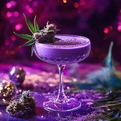 Cannabis bud and leaf on a purple drink in a glass. Herbal infused beverage for relaxation and wellness.