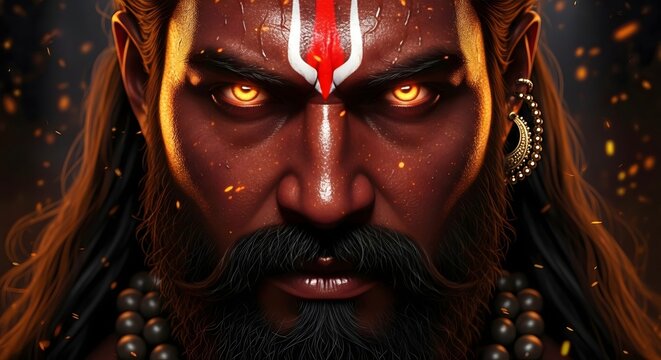 Portrait of hindu god shiva with glowing eyes and beard digital art illustration hd