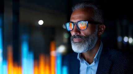 Mature businessman analyzing financial data on futuristic screen in dark office environment.
