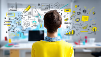Young creative person in yellow sweater looking at wall with doodles and digital ideas in modern office.