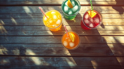 Four cocktail glasses on wooden table in sunny outdoor setting, refreshing summer drinks for holiday, vacation concept.