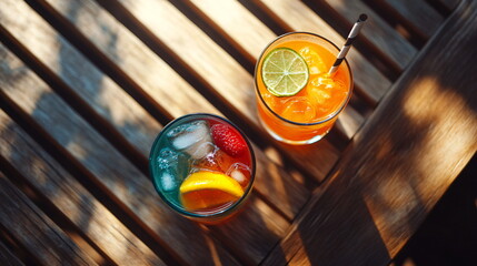 Two cocktail glasses on wooden table in sunny outdoor setting, refreshing summer drinks for celebration, vacation concept.