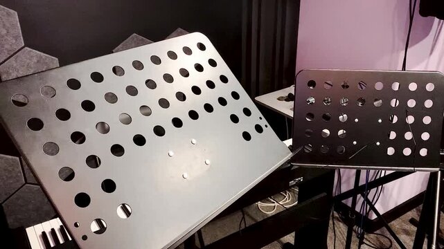Music stand notes in the recording studio.Recording of the song, dubbing of the film professional