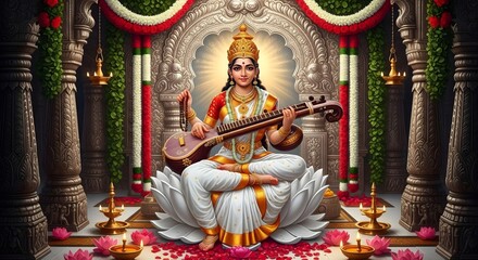 Saraswati puja goddess hinduism veena indian deity festival celebration culture divine art