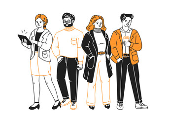 Doodle illustration of four professionals casually standing. Modern style and line art. Featuring digital tablet and coffee cup. Color palette: black, white, orange.