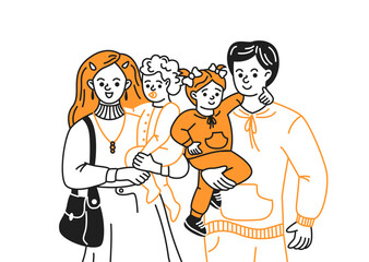 Naklejka premium Doodle illustration. Cheerful family illustration in line art style with bold orange accents. Parents with two young children, portraying warmth and unity on a white background.