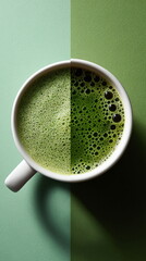 Mug with green tea. Hot matcha latte drink in cup. Healthy beverage and breakfast concept with copy space.
