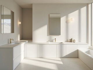 Modern Minimalist Bathroom: Light Wood, Marble, Double Vanity & Freestanding Tub