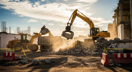Heavy equipment clears the construction site of debris and waste