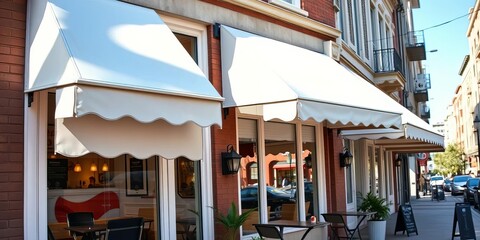 Obraz premium Crisp white awning shades cafe windows, urban setting, cafe, bright