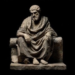 Ancient philosopher stone statue seated on a bench, contemplative pose, black backdrop.