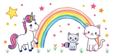 Cute crayon-drawn baby animals, unicorn, rainbow, stars, fish, cat; naive style vector illustration, rainbow, art