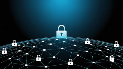 Digital network security with glowing padlocks and futuristic connections