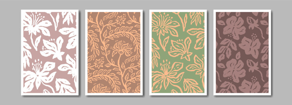 Ink brush abstract floral pattern for poster or card design set. Minimalist doodle nature background bundle for social media or wall art