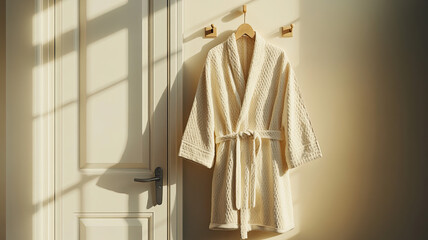Beige bathrobe hanging on door hook in morning light, warm tones, relaxed and inviting mood.