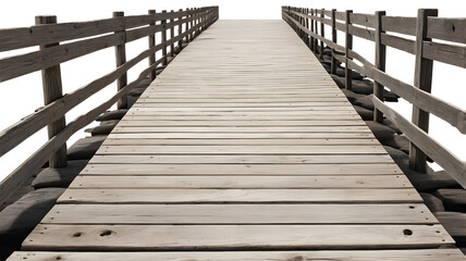 Weathered wooden boardwalk with rustic railings extending into distance high-resolution outdoor nature stock photo ideal for travel