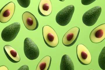 Fresh avocados floating on a vibrant green background