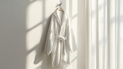 Bathrobe on hook in minimalist spa-style bathroom, calming and hygienic mood.